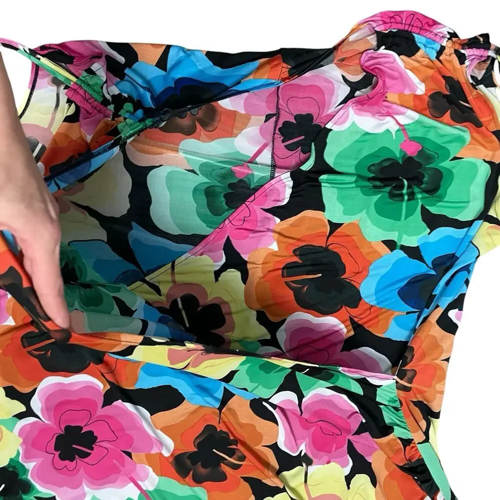 Milano‎ Floral Suit Cover Faux Wrap Top Women Sz 1X Plus Rashguard Artsy Ruched